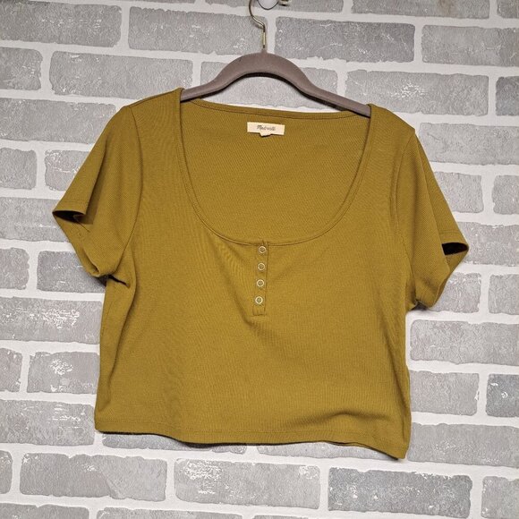 Madewell Womens Ribbed Henley‎ High-Crop Tee Mustard color Size Large - Picture 1 of 9